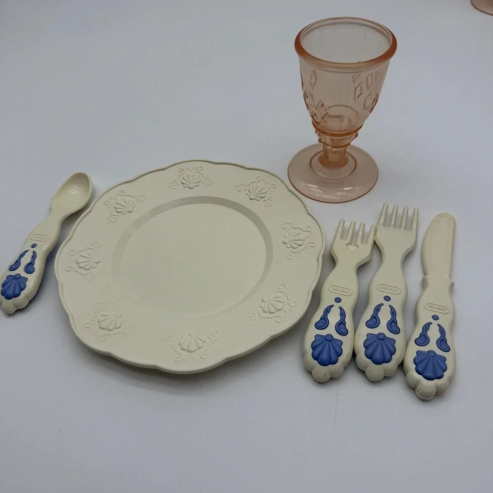Vintage Little Tikes Toy Dish Set Plates Goblets Utensils Cream Blue Pink 17pc